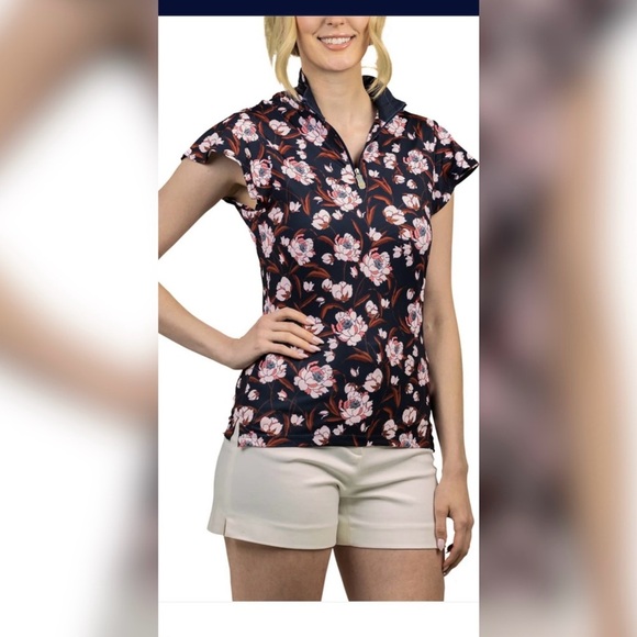 kastel denmark Tops - Kastel Denmark Athletic Golf Tennis Sun Shirt in Navy w/ Pink Peonies Size XS